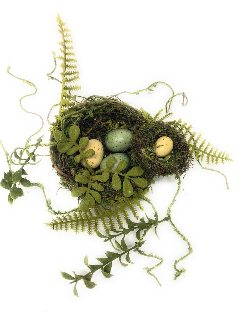 Artificial Moss Covered Twig Double Bird Nest with Fern and Vine Accents.eggs
